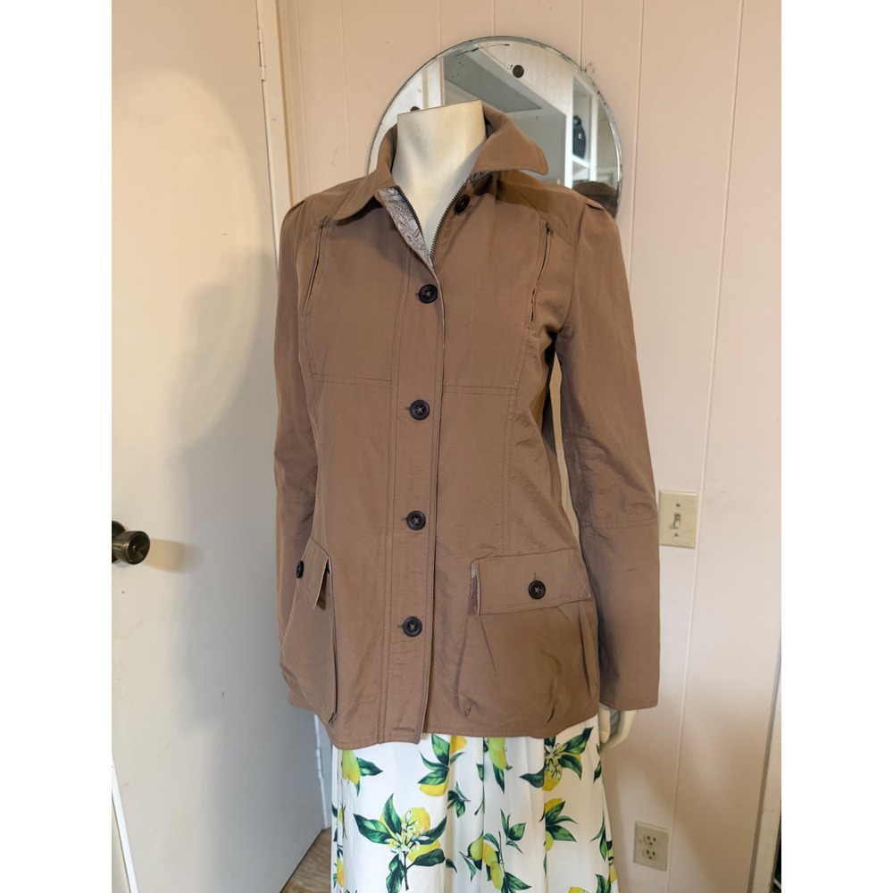 RARE Audrey Talbott Carmel Tan Brown Utility Field Jacket Paisley Trim Womens M